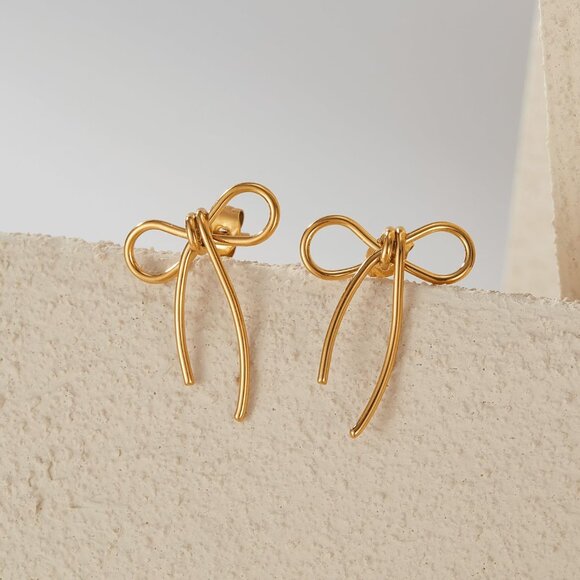 Women's 18K Gold-Plated Zircon Earrings Hoop Dangle Bow 1 Earring Golden Tops - Picture 4 of 7